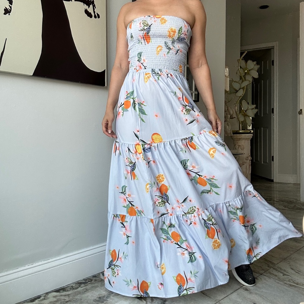 Sky Blue and Orange Tree Patterned Maxi Strapless Dress